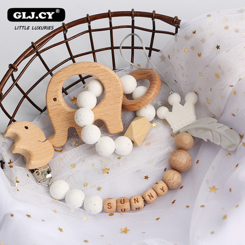 Baby personalized Rattles Set Animal Elk Amigurumi Elephant Teether Wooden Pacifier clip holder ChainBPA Free Nursing Toys ► Photo 1/6