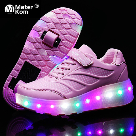 Size 28-43 Luminous Roller Sneakers For Kids Girls USB Rechargeable Led Skate Shoes with Double wheels for Children With Lights ► Photo 1/6