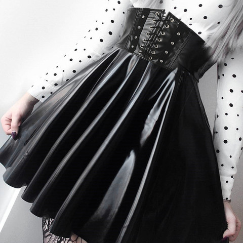 Frauen Kunstleder Zipper High Waist Bodycon Minirock Stretchy Wetlook A-Line Pleated Skirt Kleid ► Photo 1/5