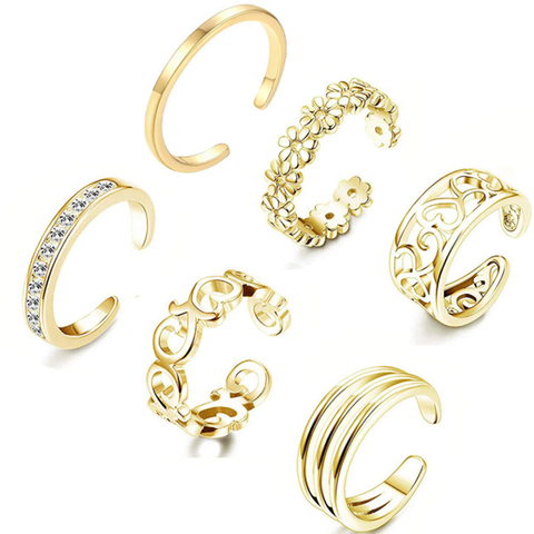 6Pcs/set Gold Color Adjustable Toe Ring Simple Open Ring Set Women Knuckle Stackable Open Band Hawaiian Beach Foot Jewelry ► Photo 1/6