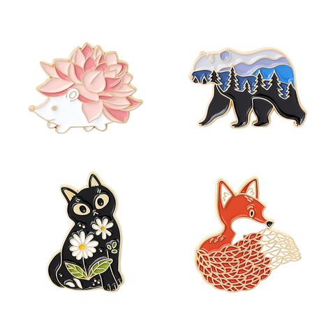 Fox Cat Bear Hedgehog Brooches Cartoon Forest Garden Enamel Pins Bag Lapel Pin Animal Badge Jewelry Gift for Friends Wholesale ► Photo 1/6