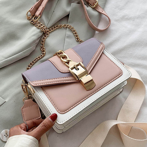 Fashion chain lady Sling bag Panelled color PU Leather Crossbody Bag For Women 2022 new Wide strap Shoulder Messenger Bag Ladies ► Photo 1/6
