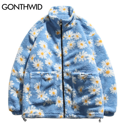 GONTHWID Cotton Padded Thick Parkas Jackets Streetwear Hip Hop Daisy Print Fleece Warm Full Zip Coats Fashion Harajuku Outwear ► Photo 1/6