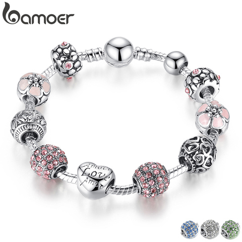 [Coupon $15 OFF $3] BAMOER Silver Plated Charm Bracelet & Bangle with Love and Flower Beads  4 Colors 18CM 20CM 21CM PA1455 ► Photo 1/5