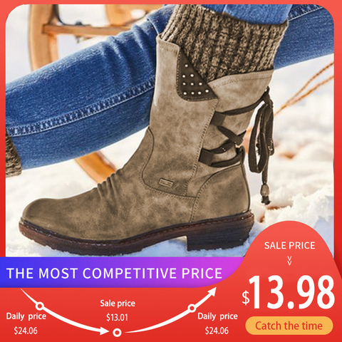 Ladies Fashion Autumn Winter Women Boots Mid Calf Shoes Warm Snow Boots Cowboy Style Knee High Botas Plus Size 35-43 ► Photo 1/6