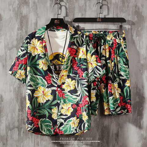 Men's 2 Pieces Set Hawaiian Shirts +Beach Shorts Mens Casual Streetwear 2022 Summer Floral Loose Short Sleeve Holiday Suits Male ► Photo 1/6