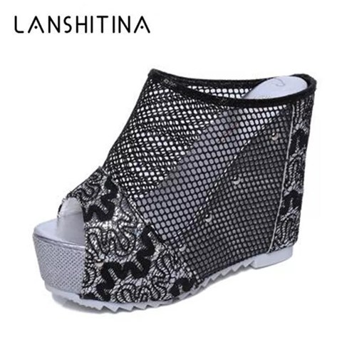 Summer Net yarn High heels 2022 New Women 12CM Wedges Sandals Platform Slippers Lace Increase Peep Toe Shoes Feminina Chaussures ► Photo 1/6