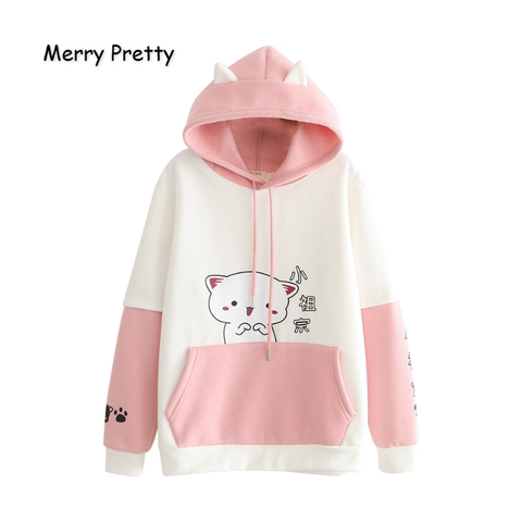 MERRY PRETTY Women's Hooded Sweatshirts Cartoon Cat Print Funny Hoodies Winter Plus Velvet Pullovers Femme Drawstring Tracksuit ► Photo 1/6