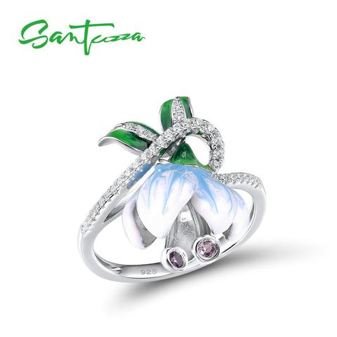 SANTUZZA Silver Rings For Women Genuine 925 Sterling Silver Exquisite White Blooming Flower Fine Jewelry Handmade Enamel ► Photo 1/5