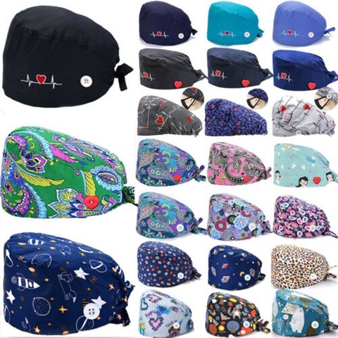 Soft Hat Printing With Button Wear The Mask Nurse Sweat-absorbing Head Wrap Durable Towel Surgical Anti-Dirty Pure Cotton Cap ► Photo 1/6