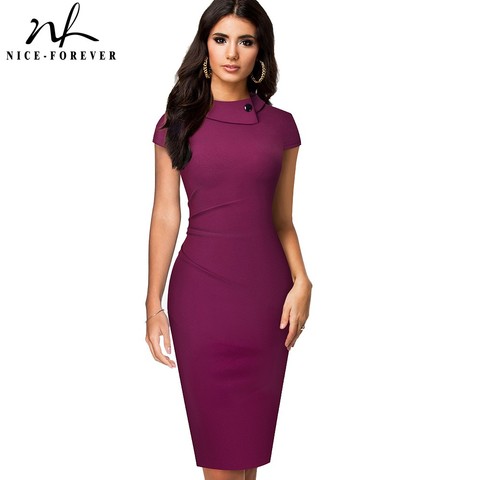 Nice-forever Vintage Elegant Pure Color with Button Office Work vestidos Business Formal Bodycon Women Pencil Dress B574 ► Photo 1/6