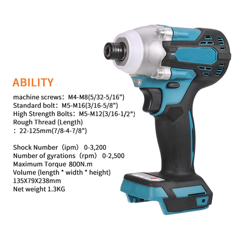 18V 800N.m Li-Ion Cordless Brushless Electric Impact Wrench 1/2'' Impact Wrench Driver Replacement for Makita 300 Battery ► Photo 1/6