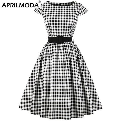 2022 Retro Rockabilly Women O Neck Polka Dot Vintage Dress with Belt A Line Cap Sleeve Black White Plaid Print Pin Up Clothes ► Photo 1/6