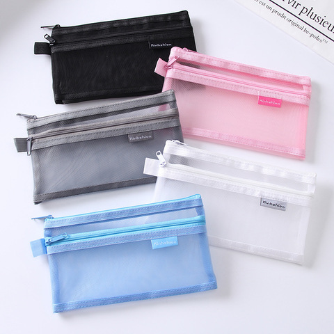 Simple Transparent Double Mesh Bag Pencil Case Office Student Pencil Cases Nylon Kalem Kutusu School Supplies Pen Box ► Photo 1/6