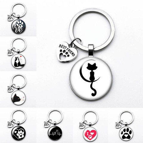 Love Cat Pet Footprints Dogs Glass Cabochon Keychain Bag Car Key Chain Ring Holder Charms  Keychains for Men Women Gifts ► Photo 1/6