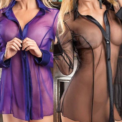 Women Button Lingerie Dress Transparent Clubwear Stripper Long Sleeve Blouse New ► Photo 1/6