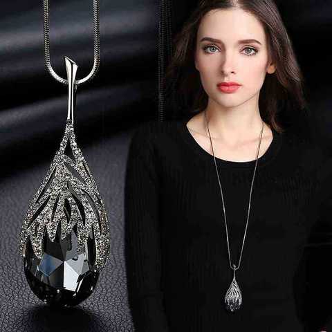 Shining CZ Water Drop Pendant Necklace Long Sweater Chain For Women Costume Jewelry 4 Colors ► Photo 1/6