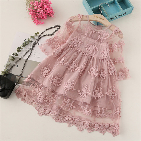 3-8 Years Autumn Kids Pink Long Sleeve Flower Girls Lace Dress Children Wedding Birthday Party Vestido Children Winter Clothing ► Photo 1/6