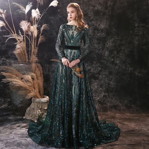 Long Evening Dresses 2022 Elegant Muslim Mermaid Long Sleeve Sequined Hunter Green Prom Party Formal Gown ► Photo 1/6