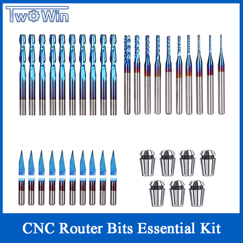 7pcs 1-7mm ER11 Collet +30pcs 3.175mm Blue Coated Essential CNC Router Bits End Mill Cutter Mini PCB Carbide Router Bits Kit Set ► Photo 1/6