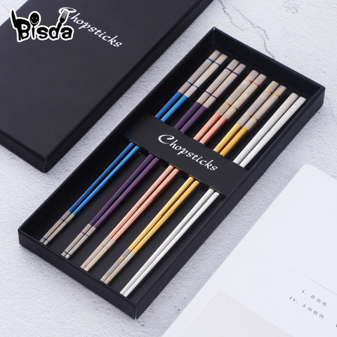 5/10 Pairs stainless steel Chopsticks Chinese Non-slip Chopsticks Set With Gift Box Black Sushi Chop Stick For Dinner For Gift ► Photo 1/6