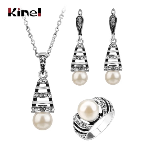 3Pcs Silver Color Pearl Jewelry Sets For Women Hollow Out Water Drop Necklace Earrings And Ring Vintage Wedding Jewelry Set ► Photo 1/6