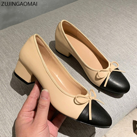 Bow Ballet High Heels Shoes Woman Basic Pumps 2022Leather Two Tone Stitching Round Bow Work Shoe Fashion Party Women Shoes Pumps ► Photo 1/6