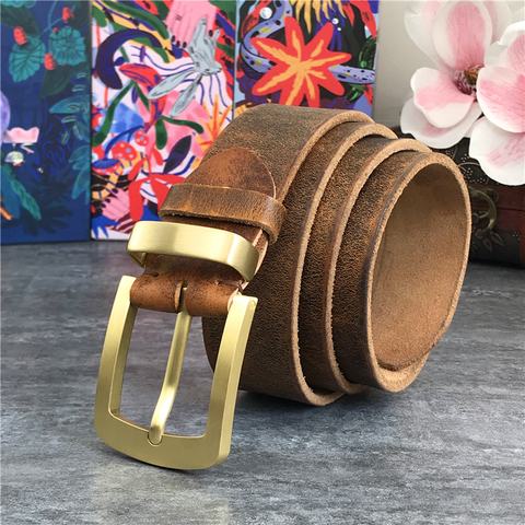 Vintage Brass Belt Buckle Genuine Leather Belt Male Ceinture Yellow Belt Cowboy Jeans Men' Belt Long 130cm Waist Belt MBT0006 ► Photo 1/6