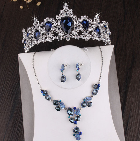 Baroque Luxury Silver Plated Blue Crystal Bridal Jewelry Sets Necklace Earring Tiara Crown Set Wedding African Beads Jewelry Set ► Photo 1/1