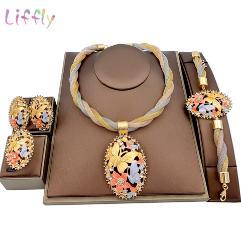 African beads Dubai Gold Bridal Jewelry Sets for Women Bracelet Earrings Wedding Party Crystal Necklace Ring Jewelry Set ► Photo 1/1
