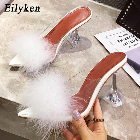 Eilyken New Design White Fluffy Pointed Toe Womens Slippers PVC Transparent Jelly Sandals Perspex Glass Spike Heels Shoes Pumps ► Photo 1/6