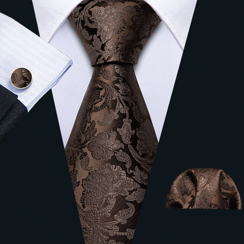 Mens Wedding Tie Brown Floral Silk Tie Hanky Set Barry.Wang Jacquard Woven Fashion Designer 9cm Neck Tie For Men Party FA-5507 ► Photo 1/6