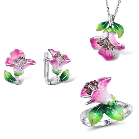 Bohemia Jewelry Set Beautiful Morning Glory Crystal Jewelry Sets Pink Enamel Earrings Necklace Ring Set Wedding Jewelry ► Photo 1/6