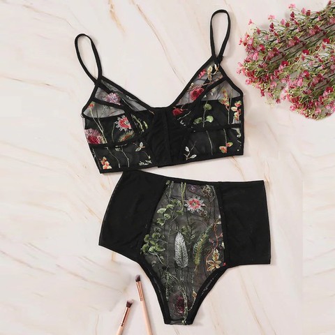 Stylish Bra Set Women Underwear V-Neck Floral Embroidered Push Up Lace Lingerie Set Black Crop Top And Panties Set Drop shipping ► Photo 1/6