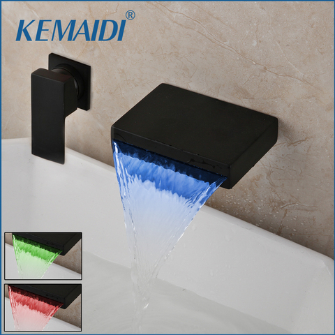 KEMAIDI Matte Black Chrome Bathroom Water Basin Sink Mixer Tap Bathtub Faucet Soild Brass Bathtub Faucet Waterfall LED Change ► Photo 1/6