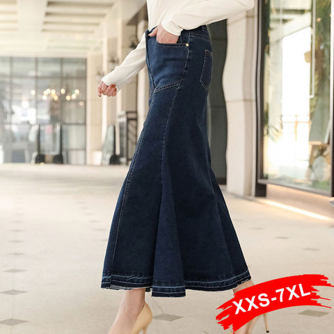 Plus Size Patchworked Flare Denim Long Skirts 3Xl 5Xl 7Xl Summer Bodycon Mermaid Jeans Skirt Trumpet Ankle Length Jean Skirts ► Photo 1/6