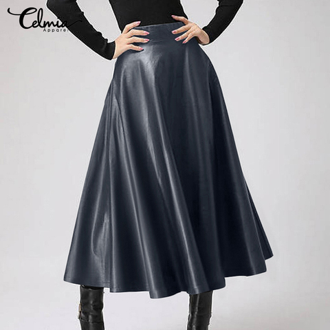 OL Office Lady Skirt Celmia Women Fashion PU Leather Solid Color Midi Skirts Plus Size Party Skirt High Waist skirt Femininas 7 ► Photo 1/6