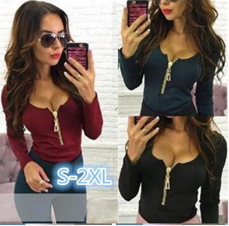 women solid long-sleeved T-shirt Chest cross straps sexy short t-shirt Deep V-neck lo shi Luyao tigh t shirt ► Photo 1/3