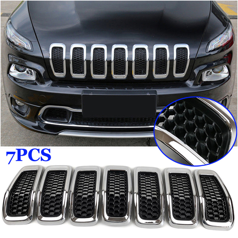 Front Insert Mesh Grille Trim Cover For Jeep Cherokee 2014-2022 Front Black Grille Inserts Chrome Covers Gloss 7x ► Photo 1/6