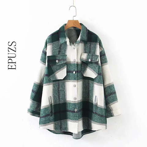 Autumn winter green plaid jacket and coat Fashion button long sleeve coat casual office warm outwear oversized ladies jackets ► Photo 1/6