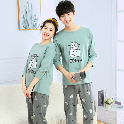 Fashion Lover Pajamas Set Summer Cotton Men Pajamas Cartoon Short Sleeve Women Sleepwear 2piece Suits Pyjama Couple Home Clothes ► Photo 1/6