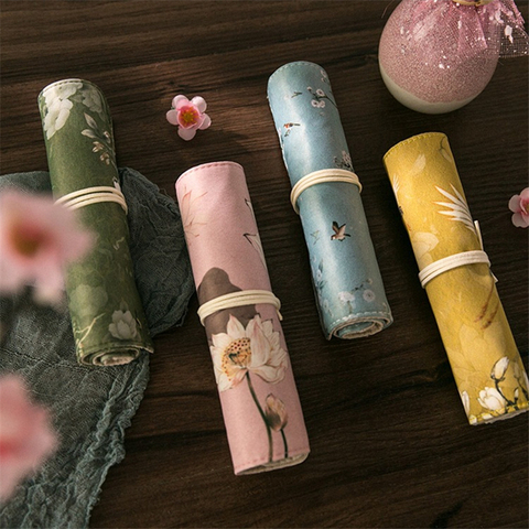 Vintage Flower Pen Pencil Bag Wrap Original Chinese Style Apricot Lotus Crane Storage Roll Pouch for  Stationery School A6008 ► Photo 1/6