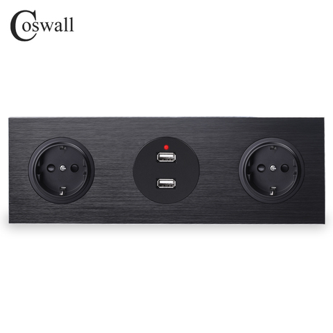 Coswall Black Aluminum Panel 16A Double EU Standard Wall Power Socket Grounded + Dual USB Charging Port 2.4A Output R12 Series ► Photo 1/1