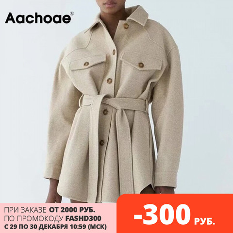 Aachoae Autumn Winter Women Chic Wool Coats With Belt 2022 Solid Long Sleeve Pockets Outerwear Turn Down Collar Elegant Coat ► Photo 1/6