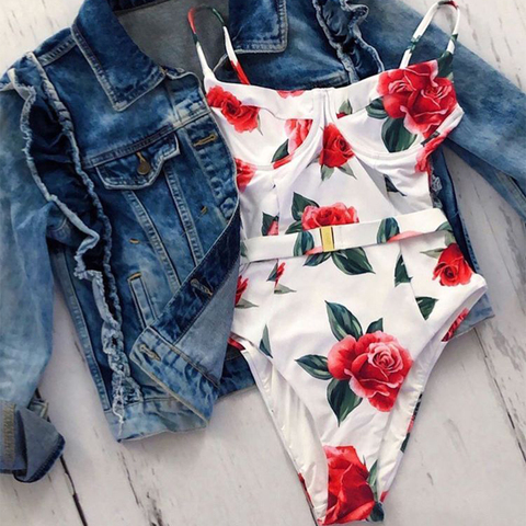 2022 Rose Print One Piece Swimsuit Women Sexy Swimwear Plus Size Bathing Suits With Padded Maillot De Bain 2023 ► Photo 1/6