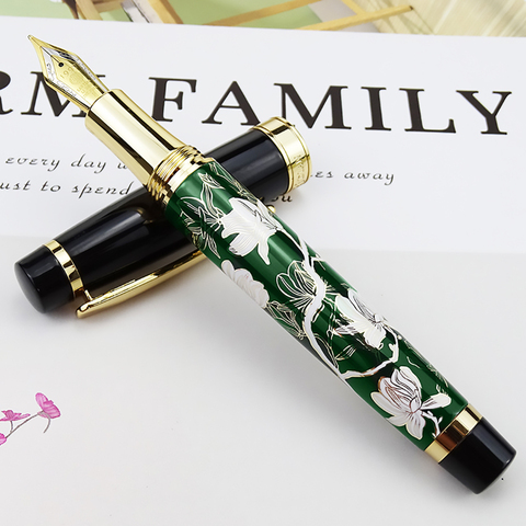 HongDian Metal Fountain Pen Hand-Drawing Green Flowers Iridium EF/F/Bent Nib Ink Pen Excellent Writing Gift Pen for Business ► Photo 1/1