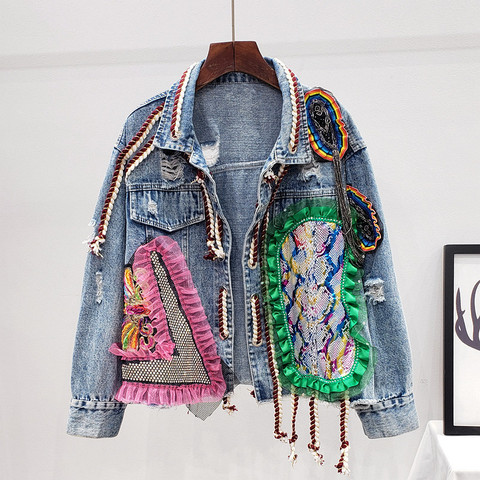 Spring Autumn Streetwear Patchwork Print Frayed Diamonds Denim Jacket Women Mesh Lace Up Short Casual Jean Coat Female Outerwear ► Photo 1/6