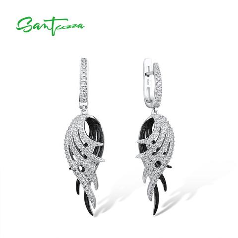 SANTUZZA Silver Feather Drop Earrings For Women  925 Sterling Silver Earrings Black White Feather  Fashion Jewelry ► Photo 1/6