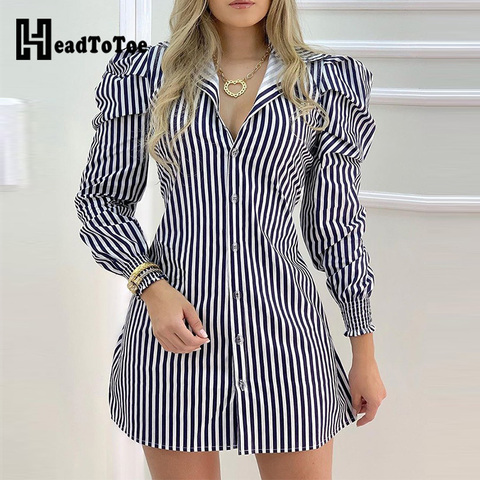 Striped Button Design Puffed Sleeve Shirt Dress ► Photo 1/2