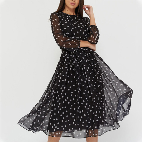 Dresses for Women 2022 Spring and Autumn Women's Long Sleeve Round Neck Belt Chiffon Print Sexy Lace Polka Dot Dress WL51 ► Photo 1/6